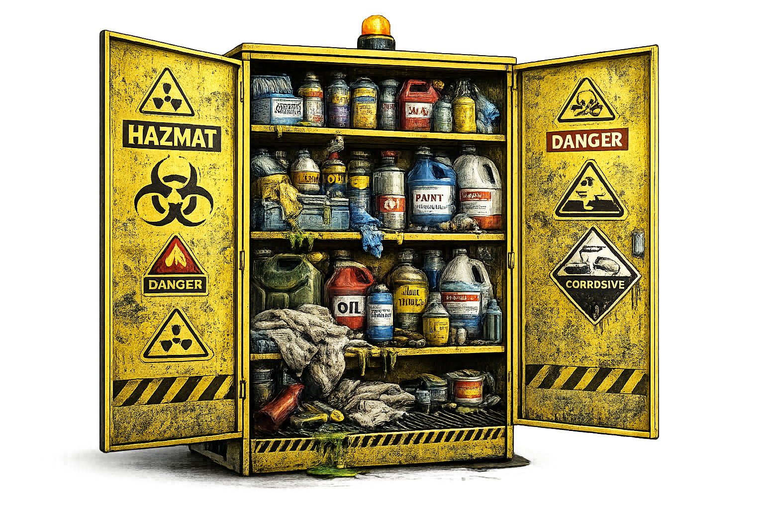 Cluttered hazmat locker with mixed chemical containers